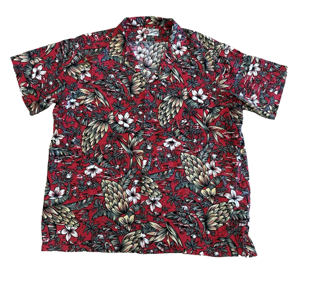 Vintage Hilo Hattie Hawaiian Aloha Shirt Red Tropical Floral Mens XL 26"